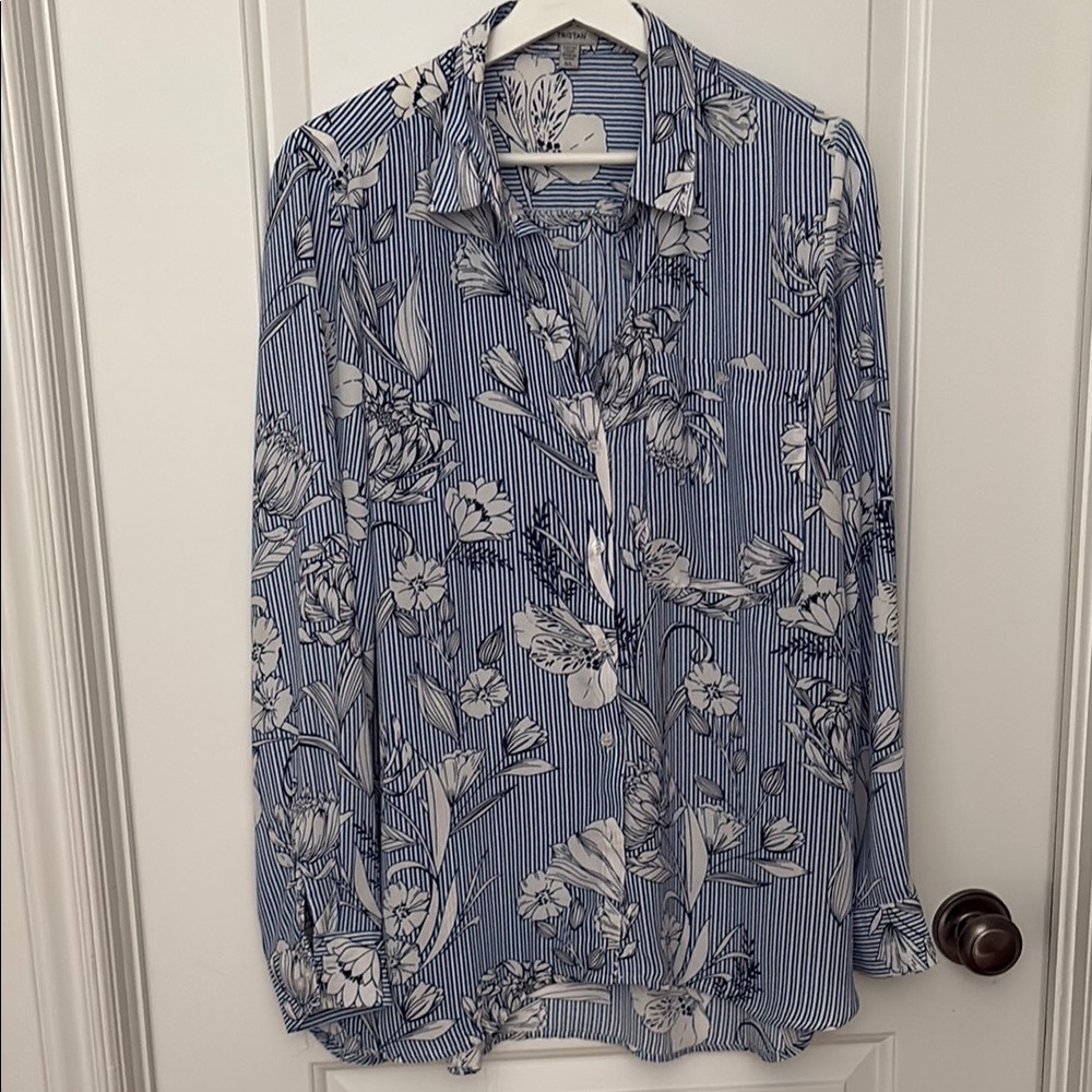 Tristan Blue and White Floral Striped Blouse